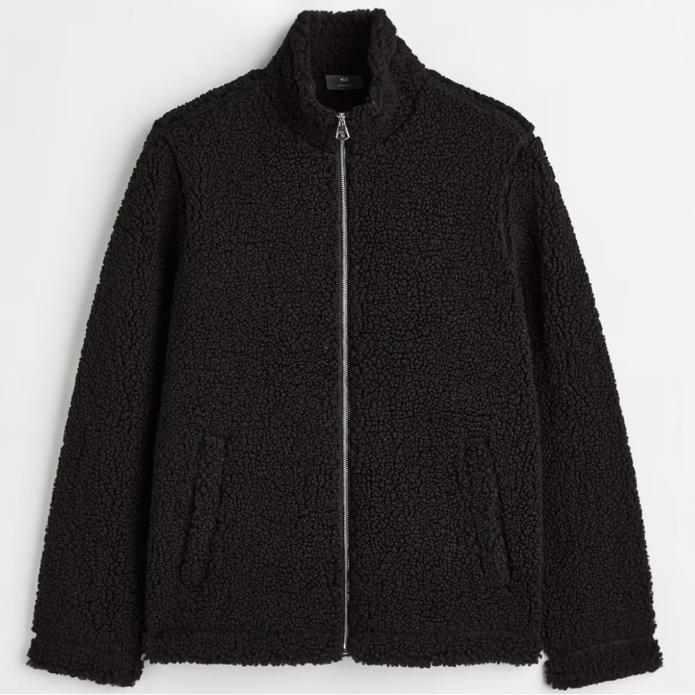 H&M Black Teddy Fleece‎ Lined Sherpa Full Zip Pockets Jacket Size XXL